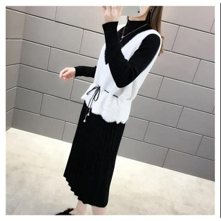 HL Fshion| [Hàng oder] Set váy len đen dài tay+ghile len cổ V đai eo