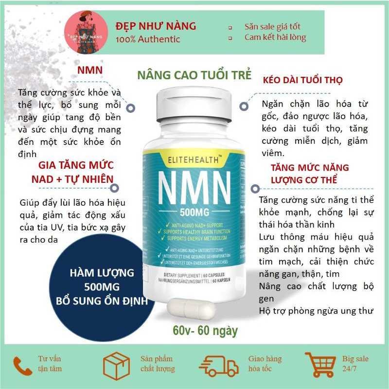 Viên Uống Truyền NMN 500mg NAD Săn Chắc Da Nâng Cơ Nicotinamide mononucleotide B3 Starhonor 60v