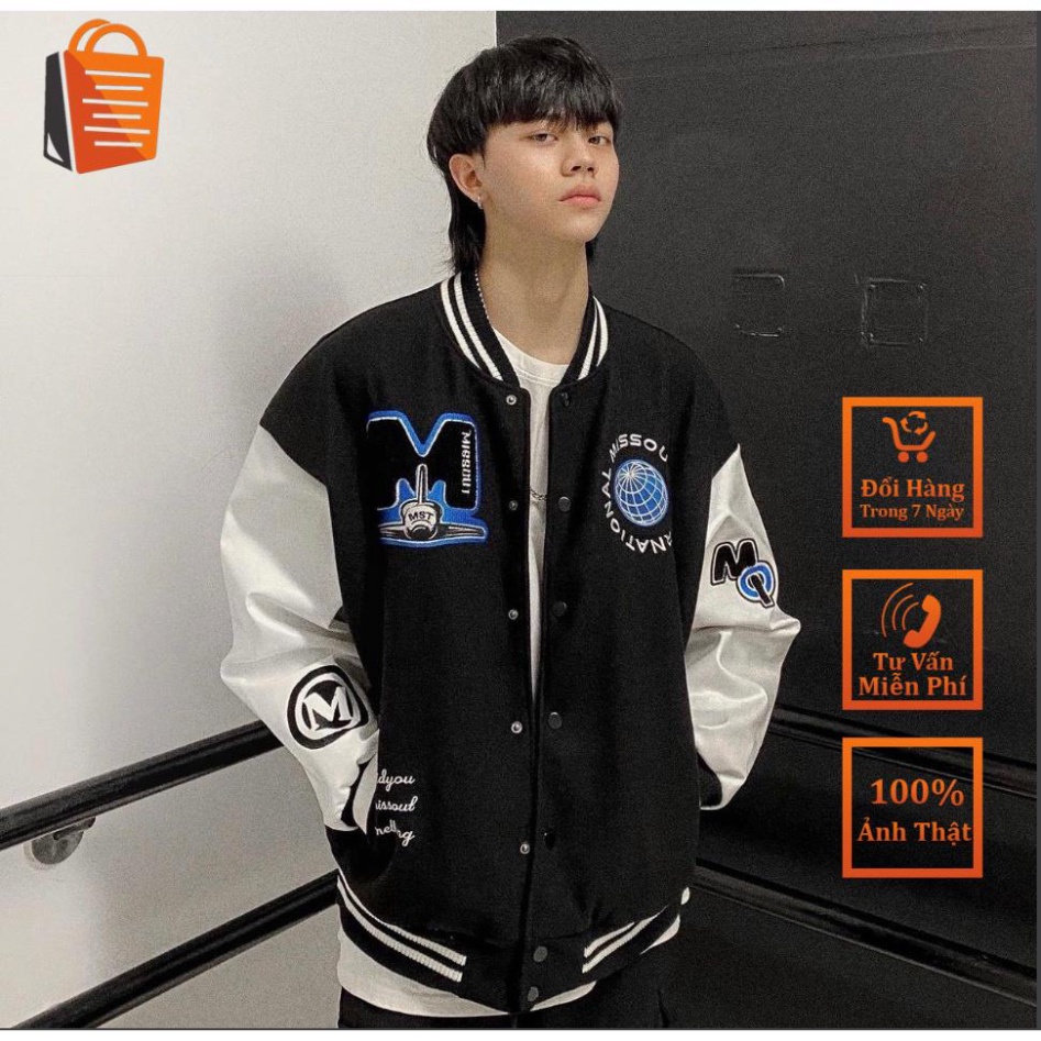 Áo khoác , bomber MISSOUT - Áo bomber thân nỉ dày tay da họa tiết thêu thêu Form Unisex
