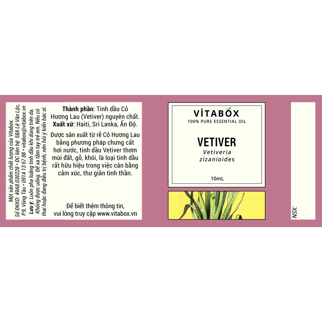 Tinh Dầu Cỏ Hương Lau (Vetiver) - 100% Thiên Nhiên Nguyên Chất - Vitabox Natural Essential Oil