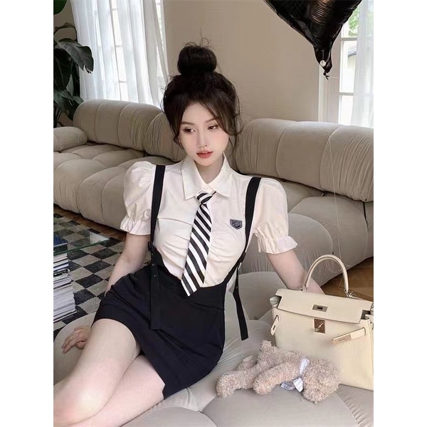 Hàng Có Sẵn  Bộ Đồng Phục Hai Mảnh Đầm Dây Buộc Hông Phong Cách Preppy Ngọt Ngào Có Thể Muối Ngọt Ngào Phong Cách Preppy Thời Trang Mùa Hè Cho Nữ