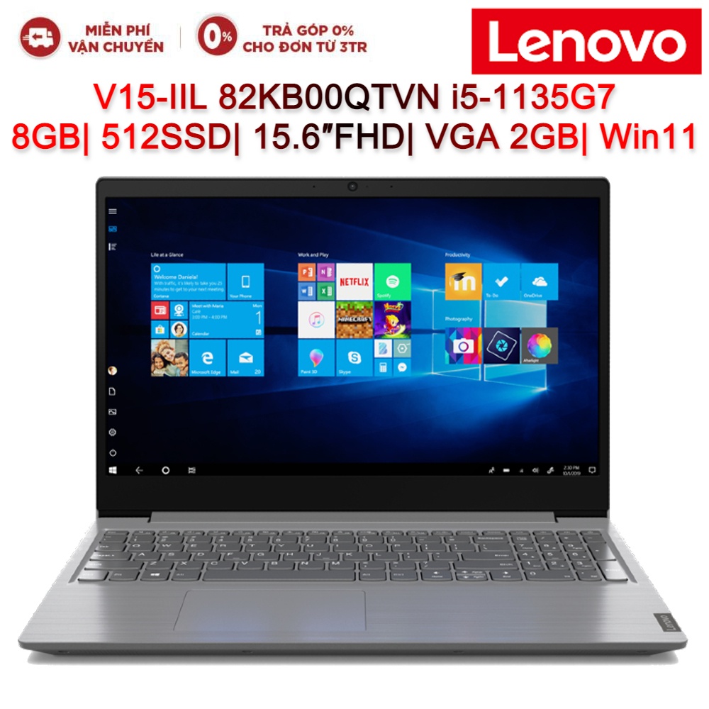 Laptop LENOVO V15-IIL 82KB00QTVN i5-1135G7| 8GB| 512SSD| 15.6″FHD| VGA 2GB| Win11 (Xám)