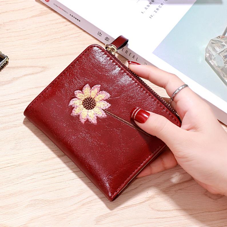 Ví da mini thêu hình bông hoa xinh xắn