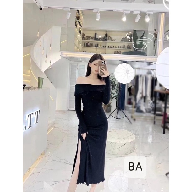Đầm Len Trễ Vai Xẻ Cao tôn dáng Sang Xịn mịn