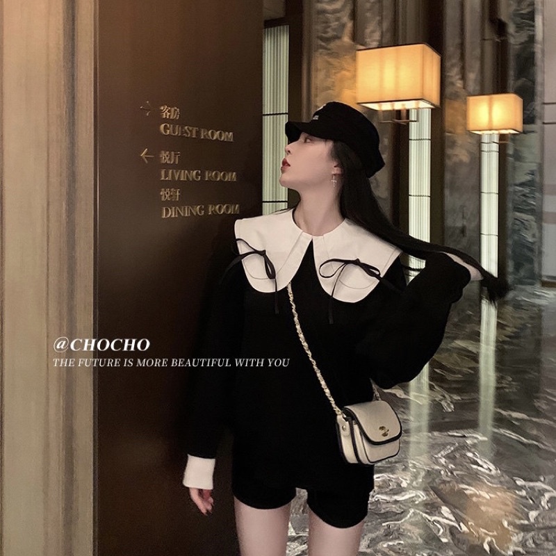 ÁO SWEATER ĐEN PHỐI NƠ BÈO CỔ BASIC PHONG CÁCH HÀN QUỐC L