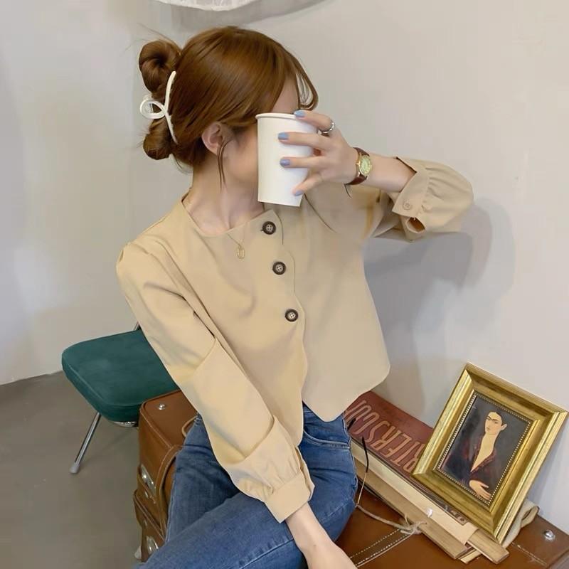 MS686 Áo sơ mi kiểu cổ tròn 3 cúc vạt lệch chất thô thu đông