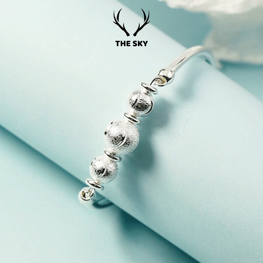 Lắc Tay Bạc Nữ THE SKY VT1024 Đính 3 Viên Bi Bạc, Kiềng tay nữ chất liệu bạc Ý Phụ Kiện Trang Sức Đẹp