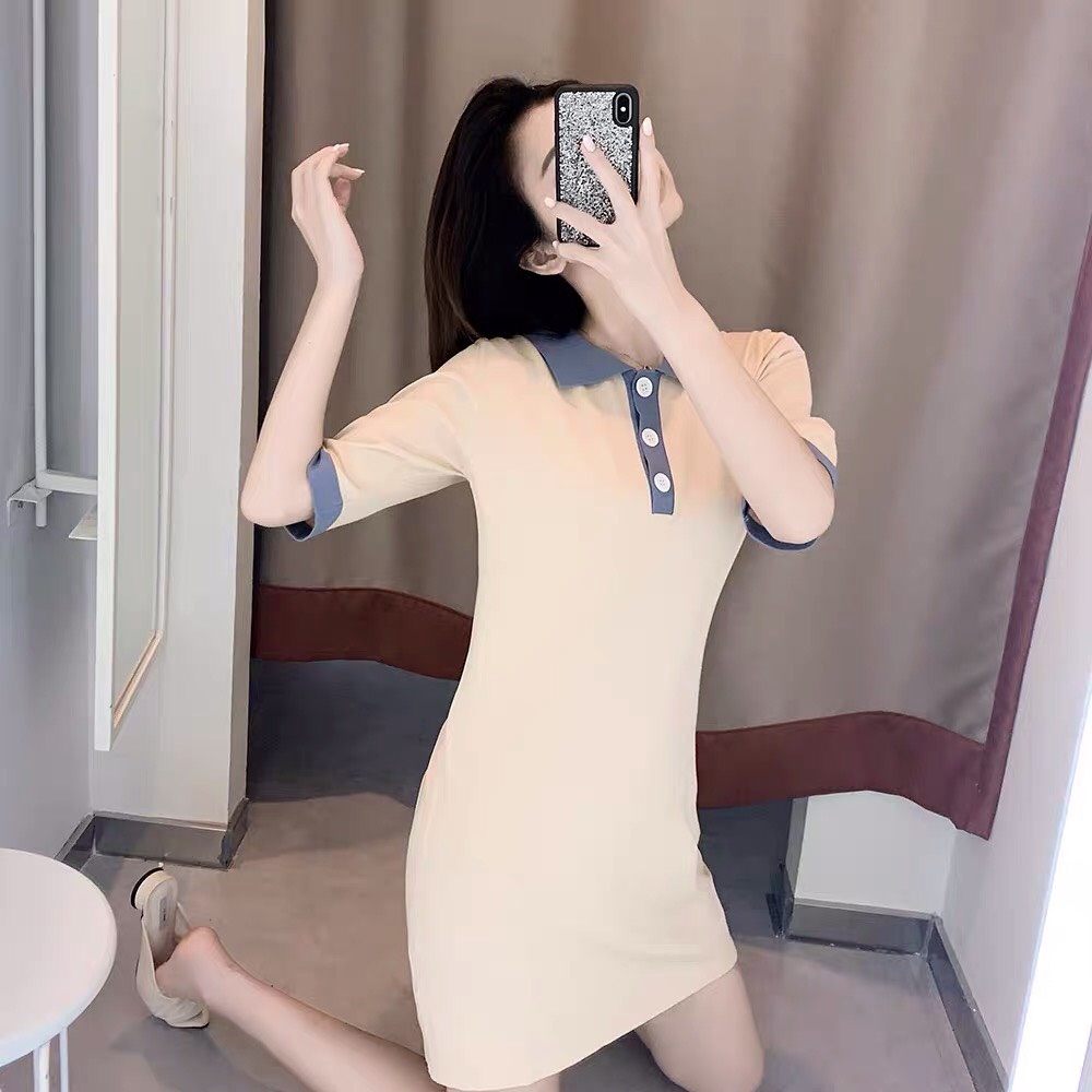 Đầm Polo Nữ Suông Màu Be 🦋 Váy Nữ Cổ Bẻ Phối Màu Cộc Tay Chất Cotton 🦋 | BigBuy360 - bigbuy360.vn