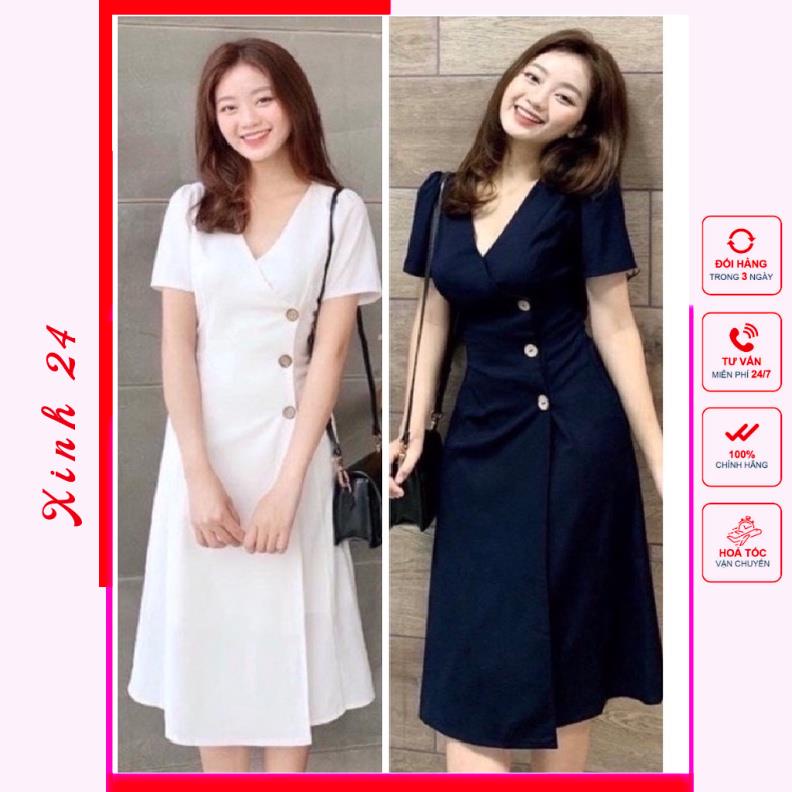 Đầm váy cổ v nút dừa 2 màu (kèm hình thật)