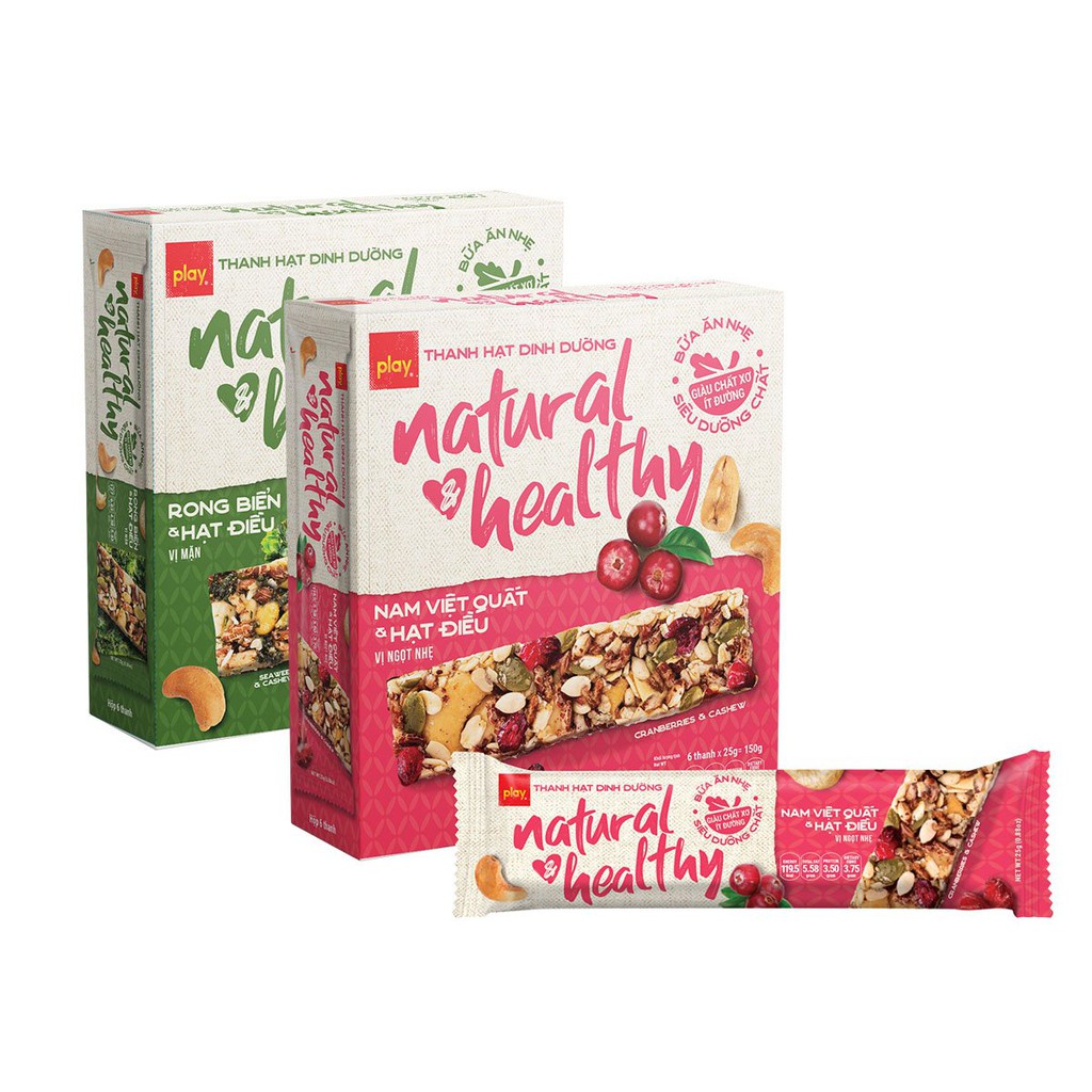 Thanh Hạt Dinh Dưỡng Natural & Healthy - Bánh Ngũ Cốc Ăn Chay - Thanh Ăn Sáng Siêu Dinh Dưỡng - Hộp 6 Thanh