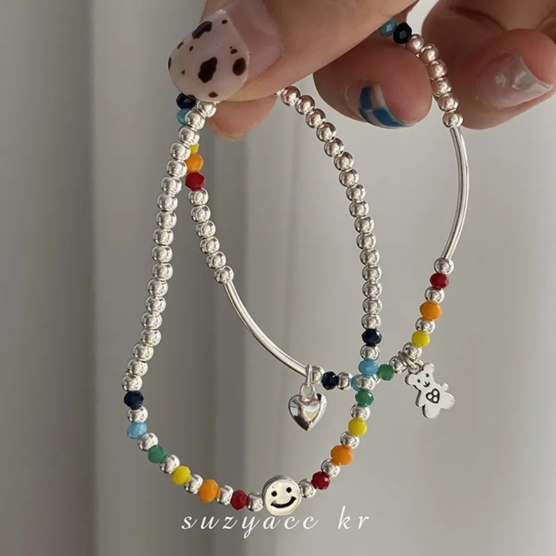 Vòng Tay Chuỗi Hạt Co Giãn Đính Mặt Cười/Trái Tim/Gấu Màu Cầu Vồng Phong Cách Hàn Quốc Cho Nữ