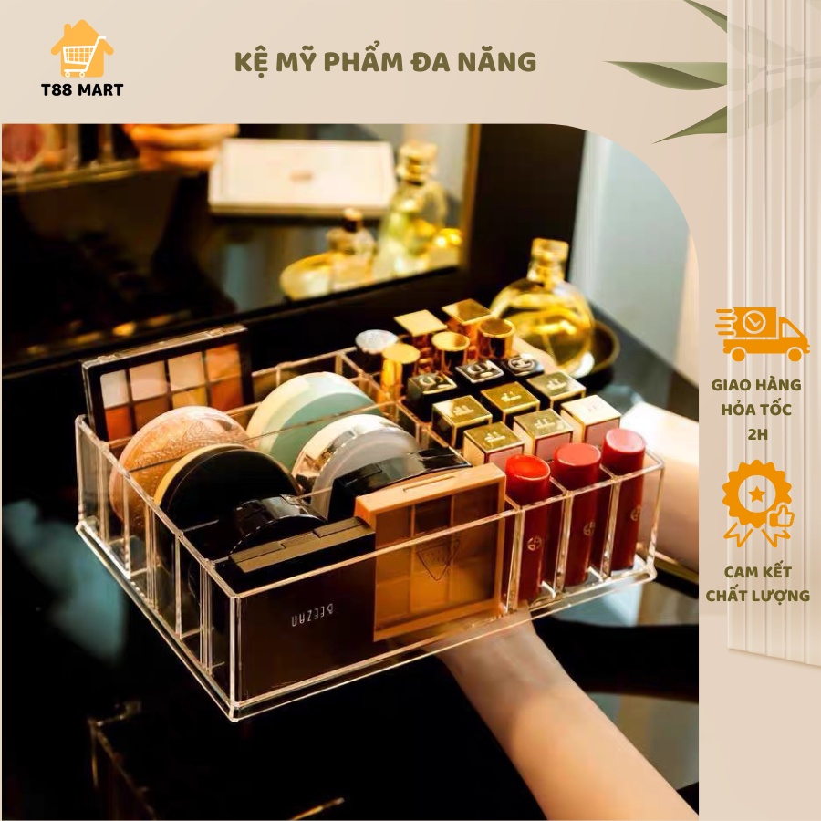 Kệ mỹ phẩm đa năng ( với 16 ô để son, cọ trang điểm ) và 4 ô để phấn, Chất liệu mica trong suốt