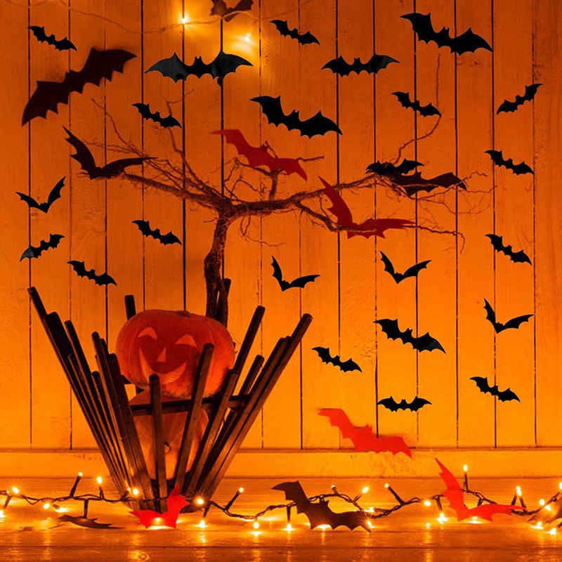 Set 12 / 28 / 60 / 120 Sticker Dán Tường Chống Nước Hình Dơi 3D Màu Đen Trang Trí Halloween