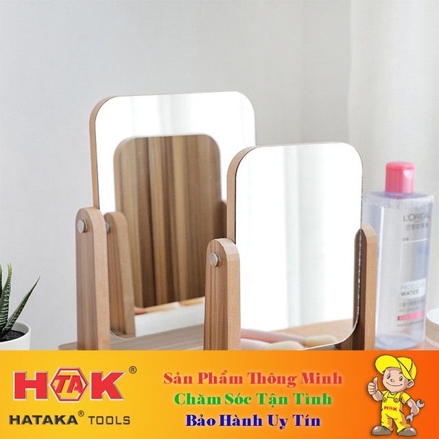 Combo Gương Để Bàn Khung Gỗ - Tấm Dày 1.2Cm - Soi Trang Điểm Trang Trí Phòng Ngủ