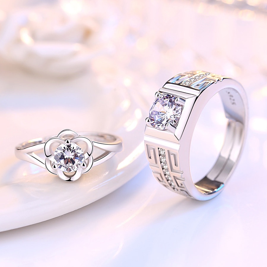 Nhẫn đôi Mẫu Đính đá Bạc 925 Cặp đôi Cầu hôn Không phai màu Có thể điều chỉnh kích thước - Tặng kèm hộp