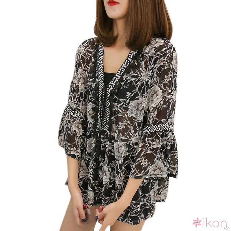 Áo sơ mi kiểu nữ vải chiffon cổ tim hoạ tiết hoa dáng rộng thoải mái