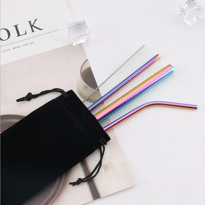 Combo 3 ống hút inox kèm cây cọ rửa tiện ích, túi đựng bằng nhung cao cấp - giao màu ngẫu nhiên