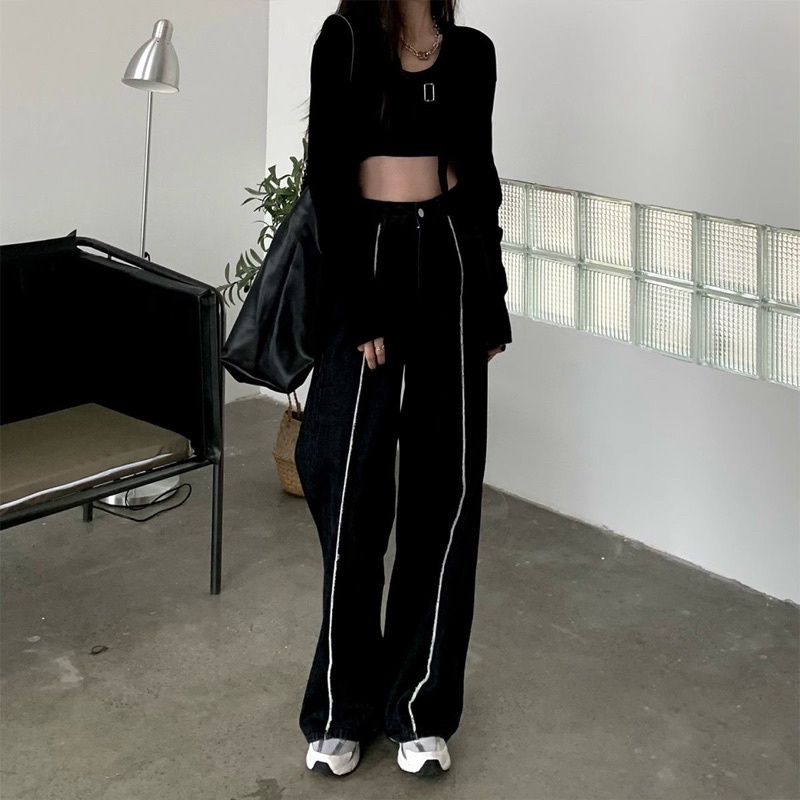 ( ORDER ) Quần Bò Đen Denim Suông Lưng Cao Sọc Thẳng Trắng