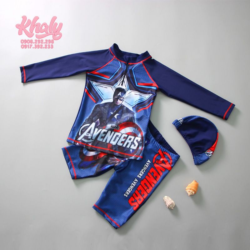 Set đồ bơi , đồ lặn áo quần rời trẻ em tặng kèm nón bơi hình Captain Avengers màu xanh đậm cho bé trai 96NDBAVGS3