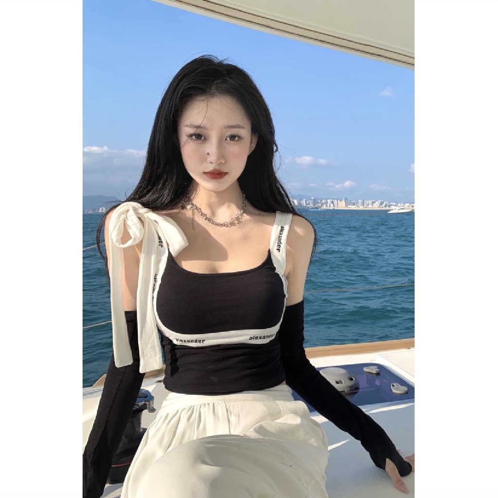 Áo Hai Dây Dáng Ôm Phối Ren In Chữ Thời Trang Mùa Hè Quyến Rũ Cho Nữ