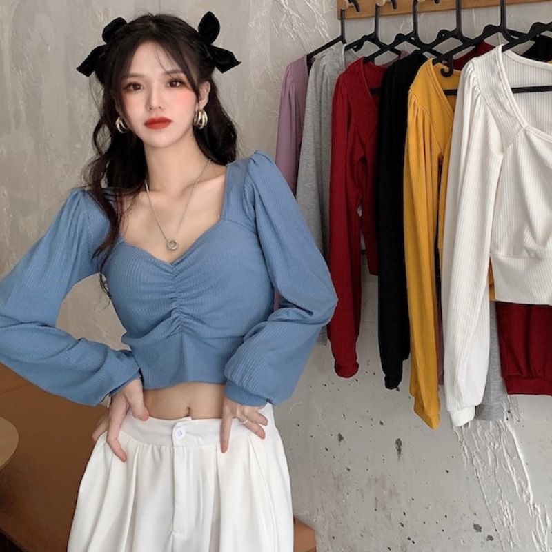 Áo Thun Ngắn Tay Phồng Cổ Chữ V Thời Trang Phương Tây Cho Nữ 2022