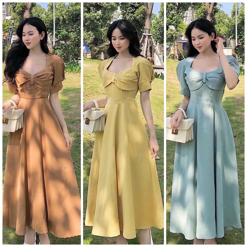 Đầm váy freesize nơ ngực form dài 3 màu