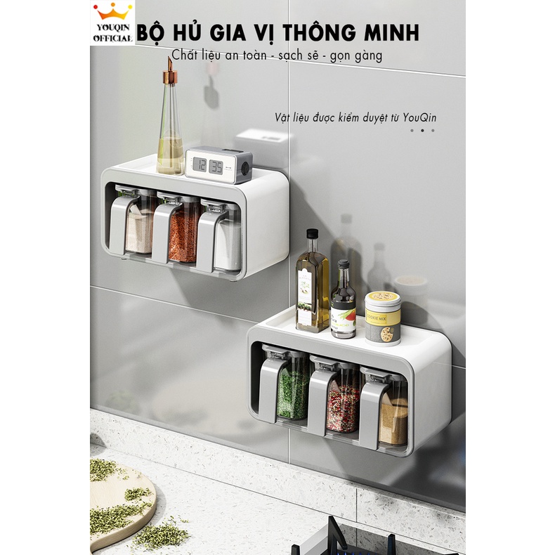 Hộp Đựng Gia Vị Dán Tường Nhà Bếp - YouQin, Bộ 3 Hộp, Chất Liệu Nhựa, Dán Keo Siêu Chắc, Không Khoan Tường