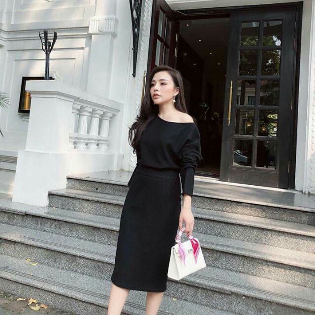 RẺ VÔ ĐỊCH - Set áo len tăm lệch vai, chân váy bút chì