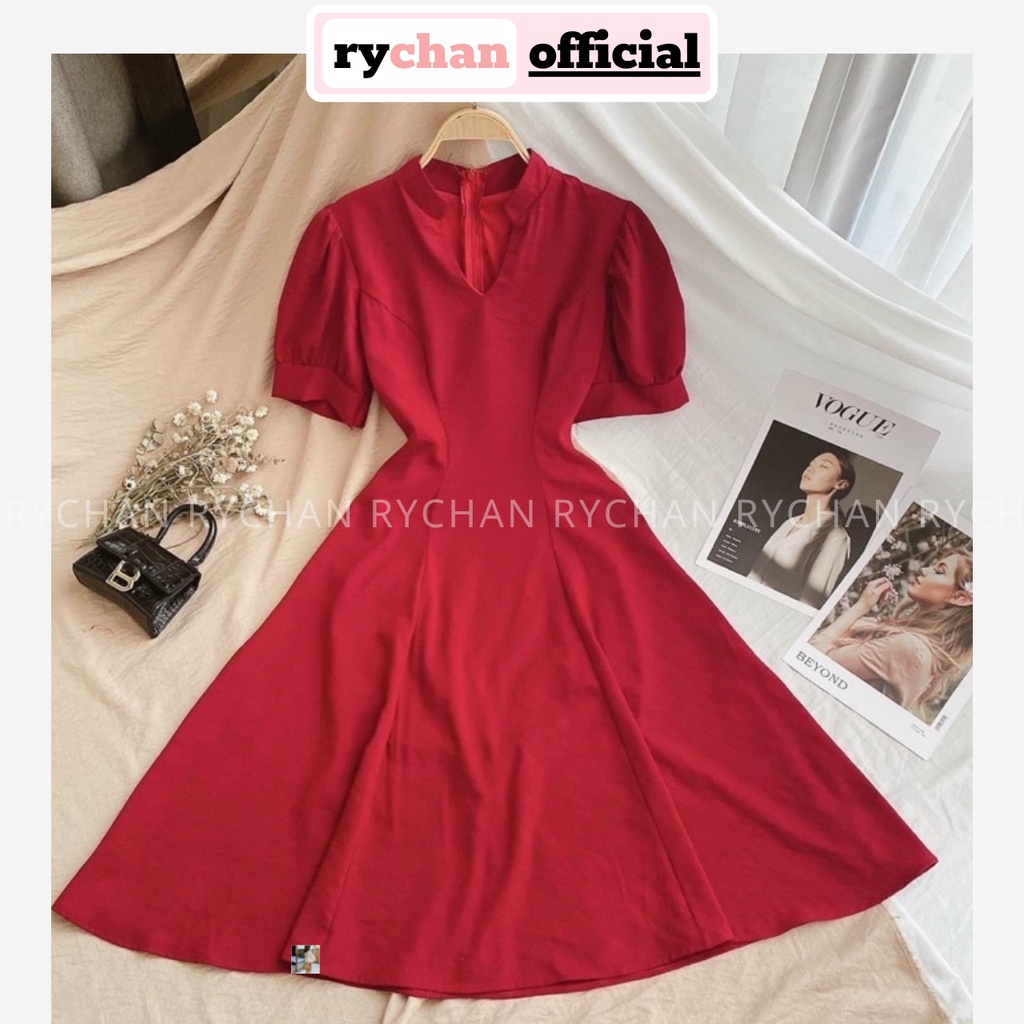 Đầm Váy Nữ Dự Tiệc Sang Trọng Cổ Trụ Tay Phồng Ngắn, Đầm Nữ Form Dài Màu Kem Đỏ [ẢNH THẬT CUỐI] - DX9918