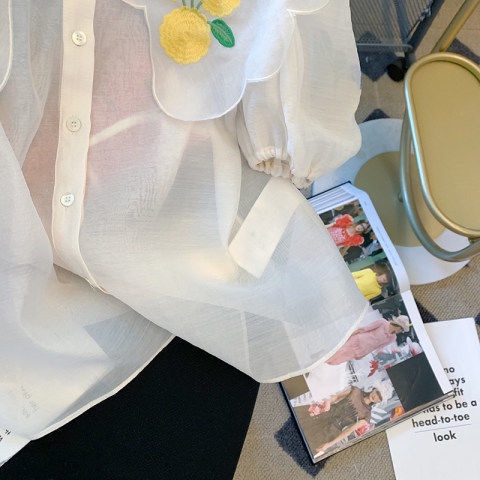 Áo lưới Pure Cube tay phồng ngắn cổ búp bê thêu họa tiết ngọt ngào thời trang mùa hè hàng mới dành cho