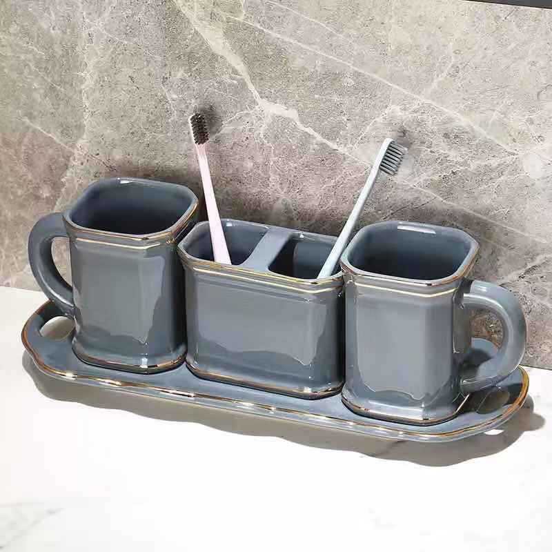 Bộ đồ dùng nhà tắm gốm sứ có 3 màu viền vàng phong cách hiện đại
