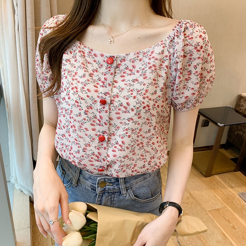 Áo chiffon Ngắn Tay Họa Tiết Hoa Thời Trang Mùa Hè Phong Cách Hàn Quốc Dành Cho Nữ