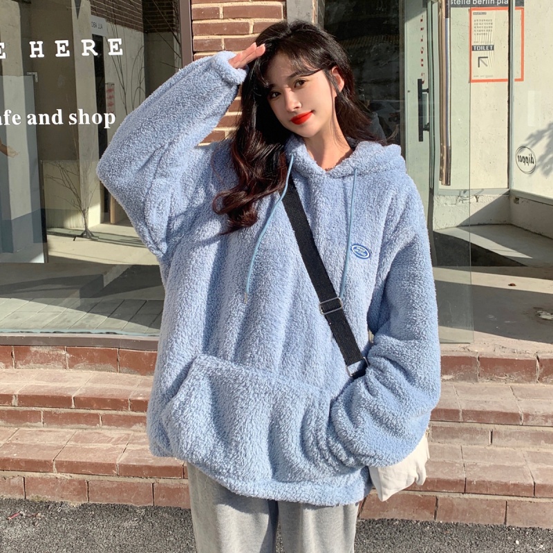 Áo hoodie tay dài dáng rộng vải nhung phong cách thời trang Hàn Quốc dễ phối đồ