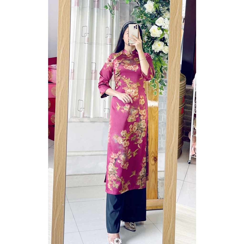 Áo dài Tết cách tân lụa TAY LOE in hoa Tết siêu xinh