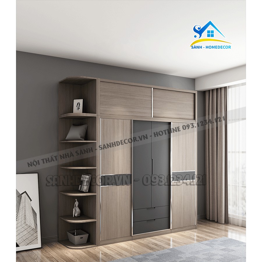 Tủ quần áo màu xám phong cách Bắc Âu 240x60x240 cm, tủ quần áo đẹp TQA101 cửa lùa hiện đại - Made by SÀNH
