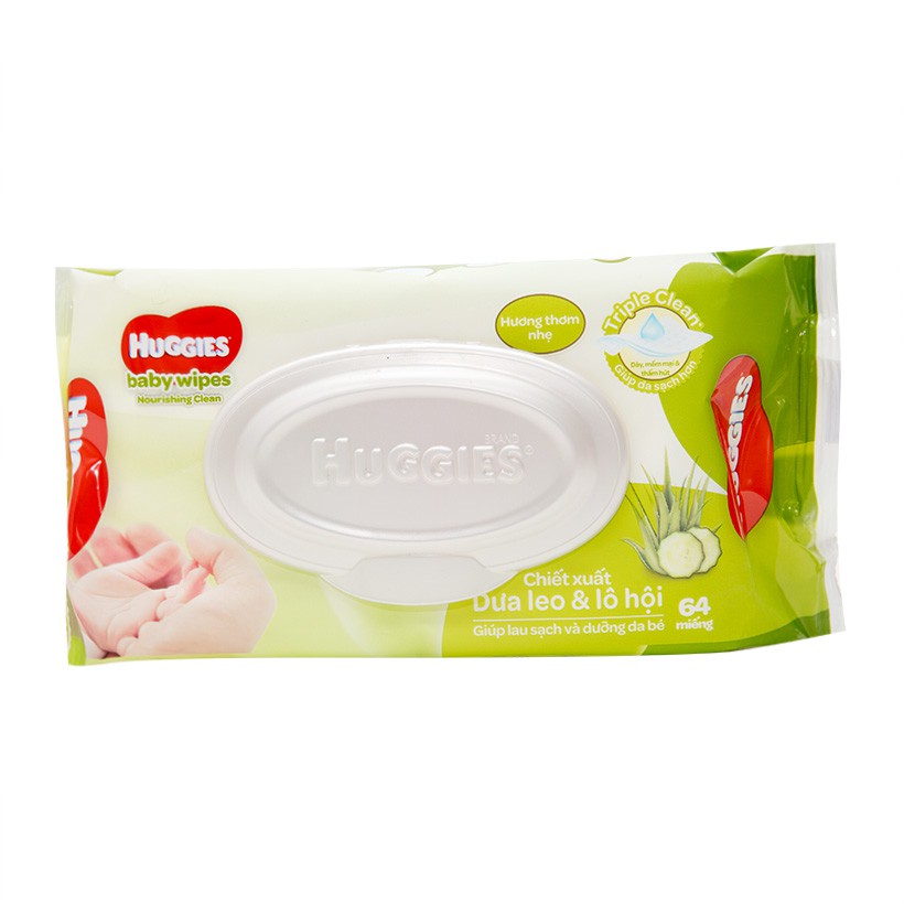 Khăn Ướt Cho Trẻ Sơ Sinh HUGGIES (64 Tờ/ Gói) Chiết Xuất Từ Dưa Leo Và Lô Hội -và loại k mùi