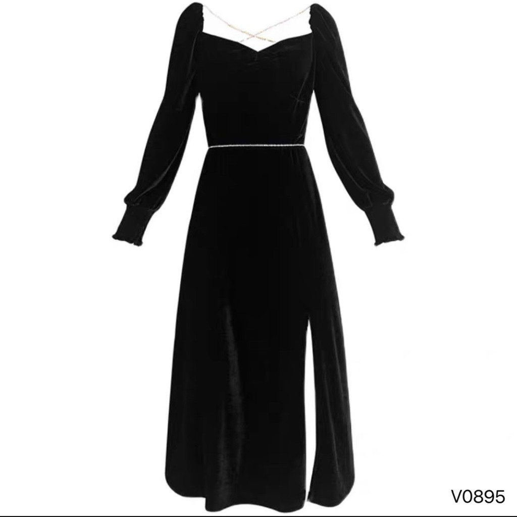 Đầm Cổ Vuông Dây Bling Tay Phồng LSEOUL V0895 Chất Dày Dặn Sang Trọng Kiêu Sa