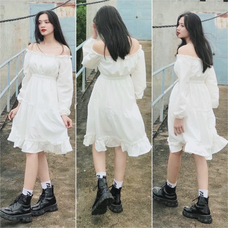 Kan Shop -  Váy Vintage Tiểu Thư Trễ Vai - Đầm Bánh Bèo Màu Trắng Xinh Xắn | BigBuy360 - bigbuy360.vn