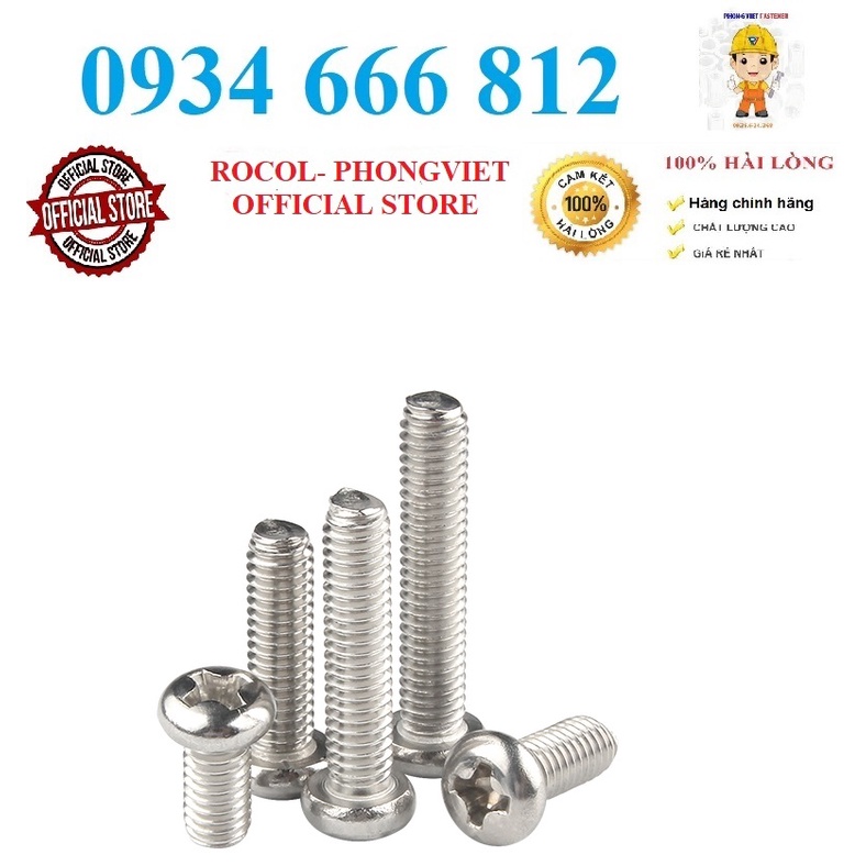 Combo 50c Vít pake đầu tròn thân bulong inox201 M4x16, M4x20