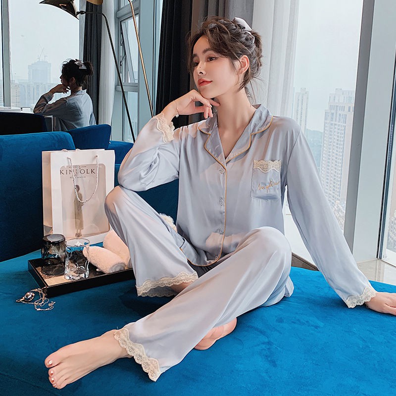 Set đồ ngủ màu trơn bằng lụa thoải mái xinh xắn cho nữ