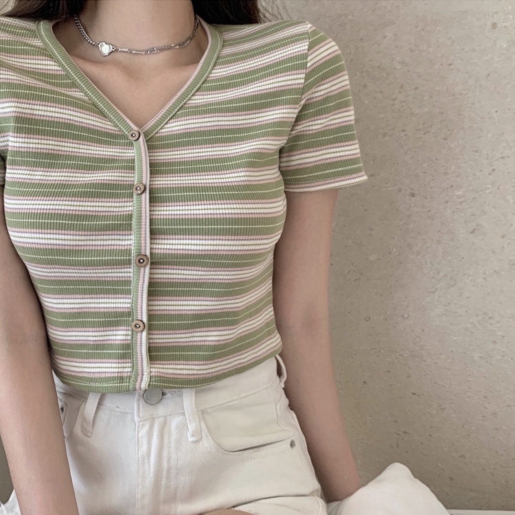 SUXI Áo Thun Tay Ngắn Cổ Chữ V Họa Tiết Kẻ Sọc Thời Trang Mùa Hè Dễ Thương Cho Nữ