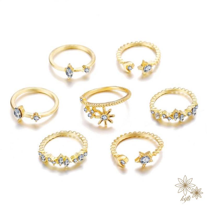 【kifli】Bộ nhẫn 17KM mạ vàng / bạc đính ngọc trai giả họa tiết rắn / xoắn / trái tim / bướm cá tính