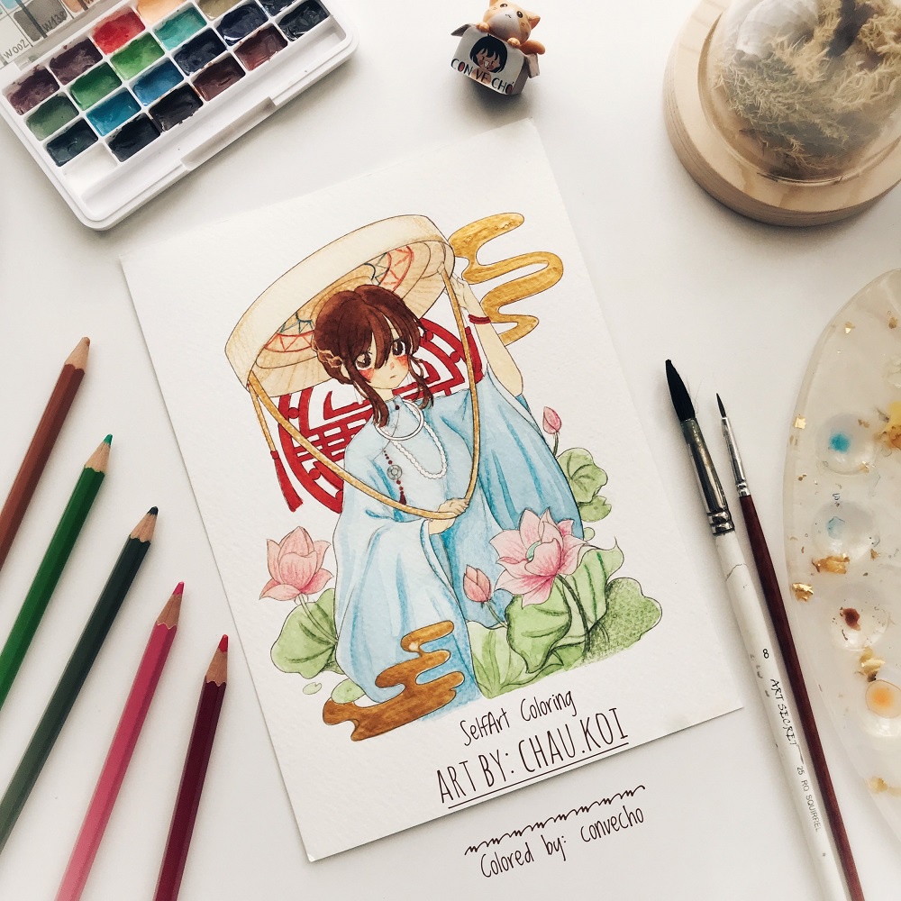 [TRANH HỌA SĨ] POSTCARD THIỆP TÔ MÀU &quot;CỔ PHỤC VIỆT NAM&quot; VỚI CHÂU KOI, GIẤY VẼ HỌA SĨ, 300GSM, COLDPRESS