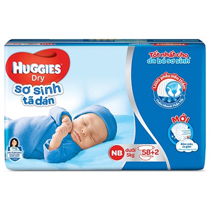 Bỉm – Tã dán sơ sinh Huggies NB58 ( Sơ sinh – 7kg) 58 miếng