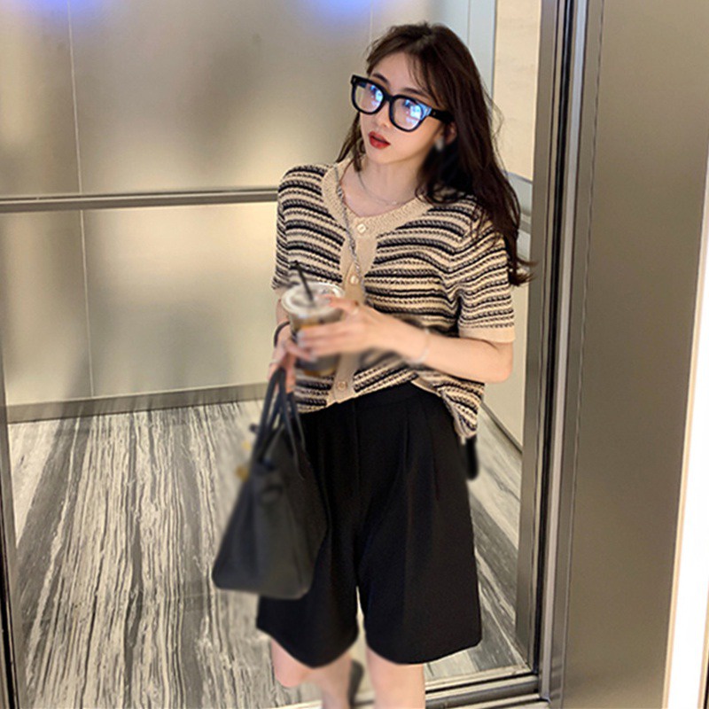 Áo Cardigan Dệt Kim Tay Ngắn Cổ Tròn Dáng Ôm Thời Trang Cho Nữ