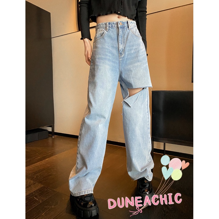 DUNEA Quần Jean Lưng Cao Ống Rộng Phối Rách Cá Tính Dành Cho Nữ