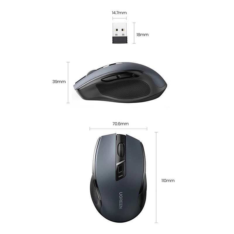 Chuột  không dây Ugreen  giảm tiếng ồn  6 nút im lặng 5 Cấp Độ 4000DPI 2.4G Kết Nối USB Mini