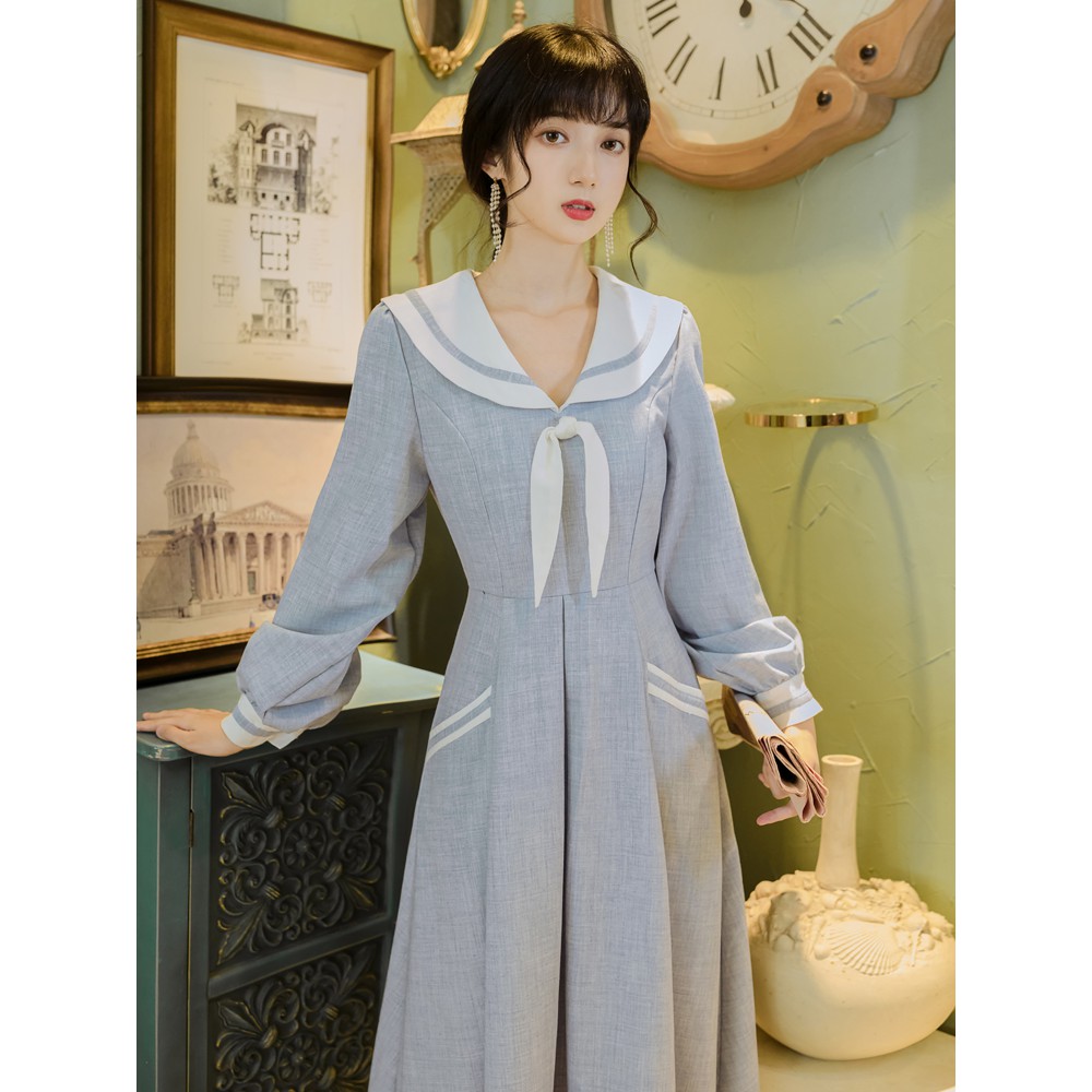 ∋✗✁Mùa thu của phụ nữ Pháp trường nghệ thuật phong cách cổ điển hải quân áo với eo và váy tính mỏng ngọt ngào ࿈