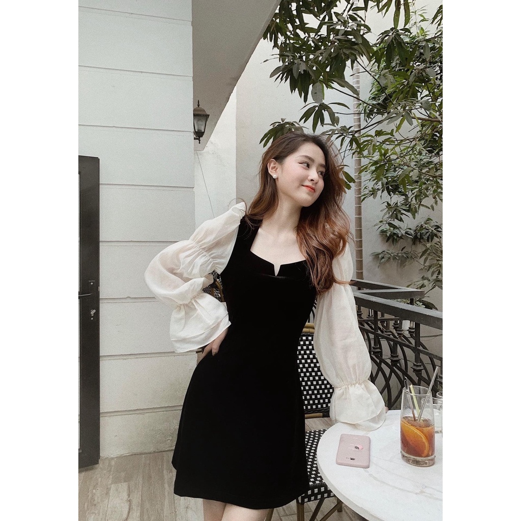VÁY/ĐẦM CỔ THANG V NGỰC PHỐI TAY TƠ PHONG CÁCH TIỂU THƯ