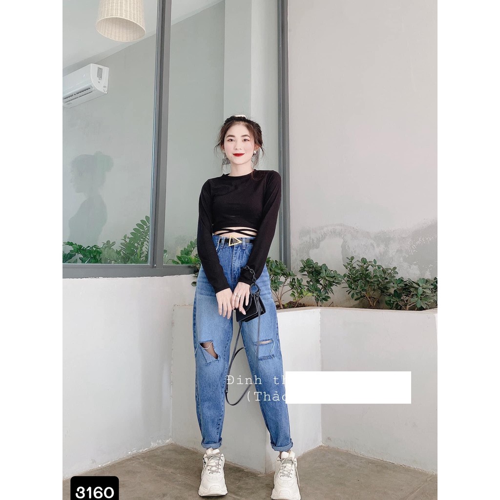 [ FREESHIP ] QUẦN BAGGY JEAN NỮ LƯNG CAO MÀU XANH TÚI NẮP RÂU MÈO RÁCH VẠT GỐI PHẢI, 2 SỌC GỐI PHẢI CỰC HOT-TD3160